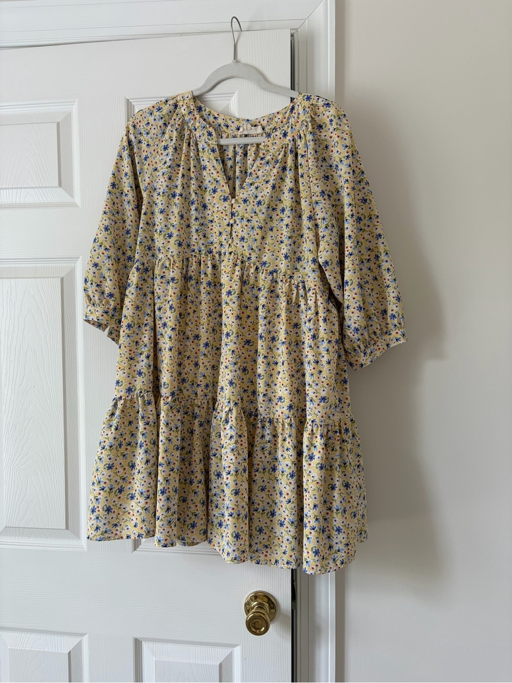 entro Yellow Floral Tiered Babydoll Dress with Blue Accents